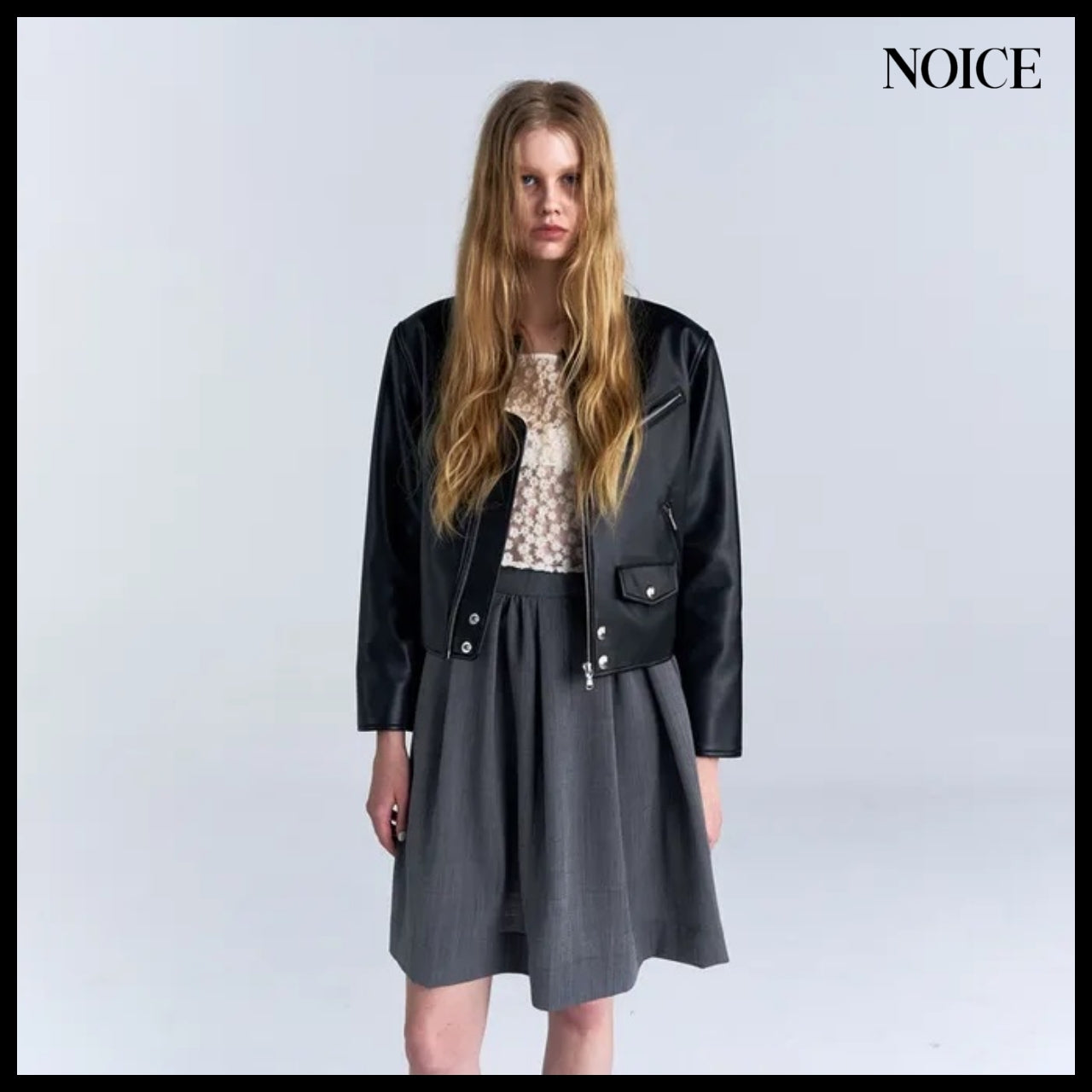 【NOICE】W Motorcycle Faux Leather Jacket Black