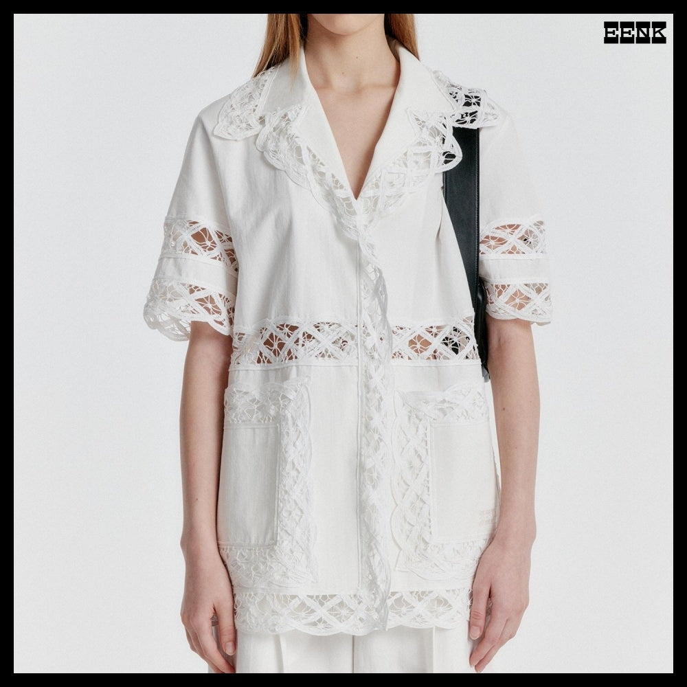 【EENK】YOMITA Short Sleeve Lace-trim Shirt White