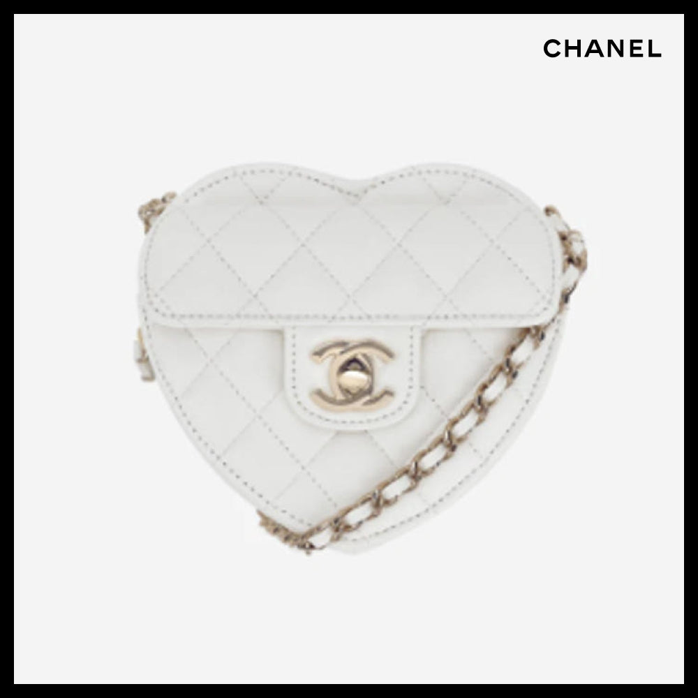 【CHANEL】Heart Bag Chain Mini Bag White Lambskin