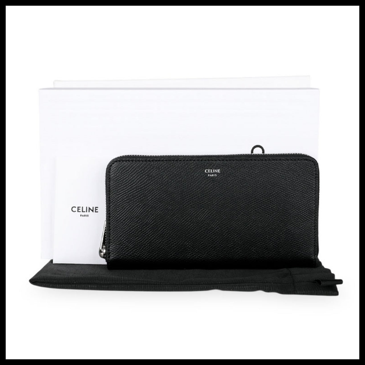 【CELINE】 Women Grained Large Zip Long Wallet Black