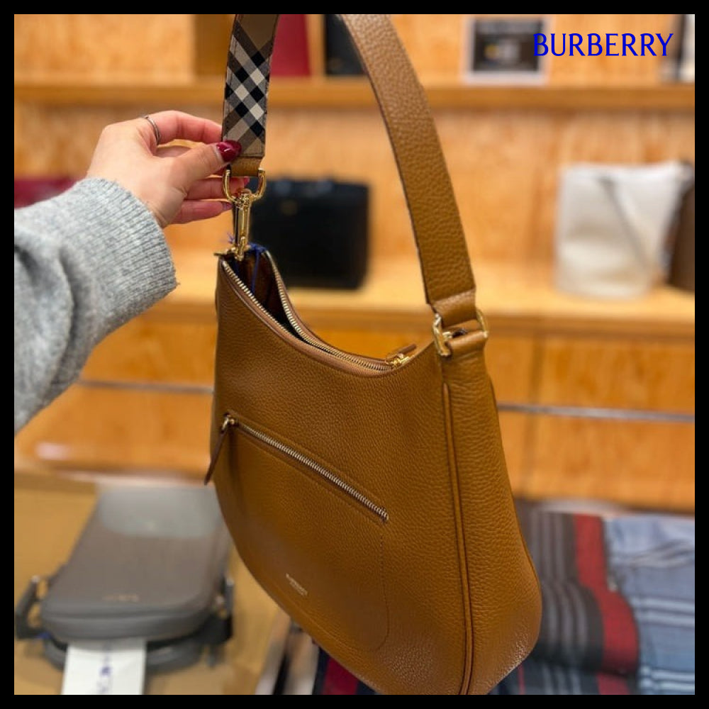 【Burberry】Grain Leather Hobo Shoulder Bag Tawny Brown