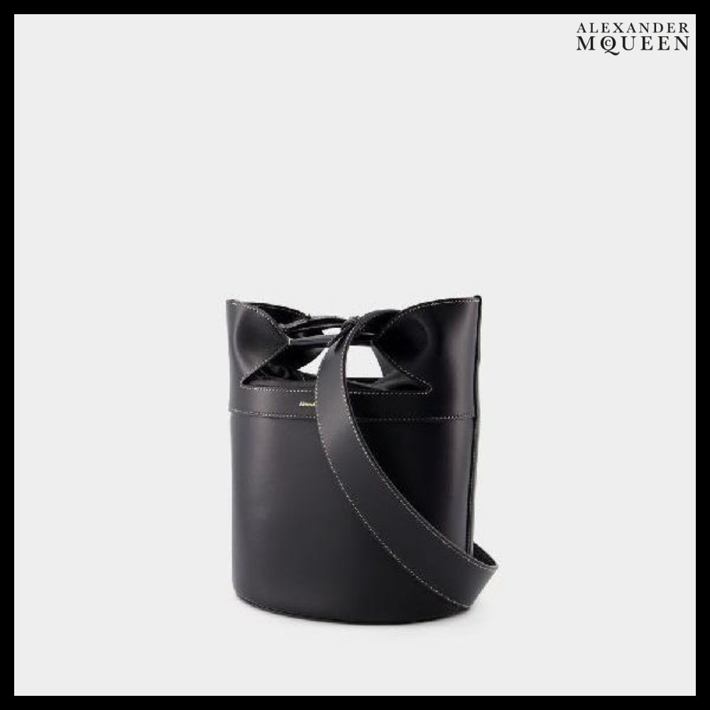 【Alexander Mcqueen】Logo Leather Bucket Tote Bag Black