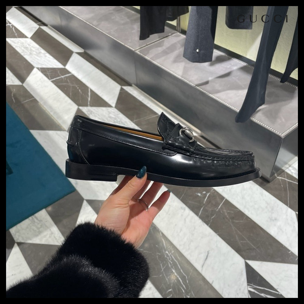 【GUCCI】KAVEH GG Logo Horsebit Leather Men’s Loafers Black