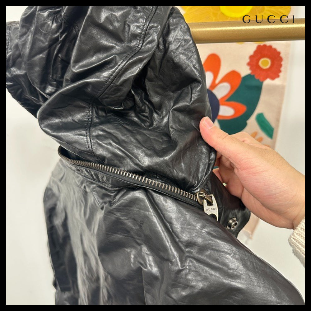 【GUCCI】Interlocking G Calf Leather Hooded Jacket Black