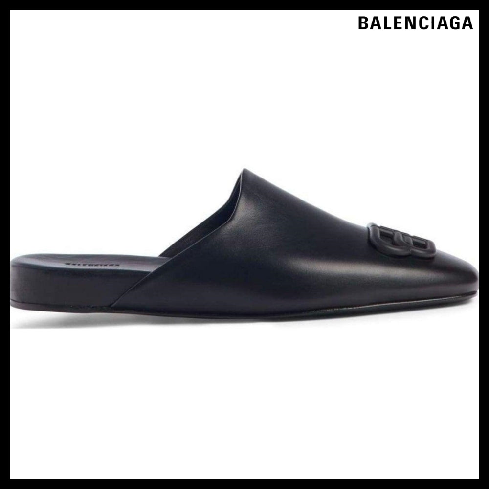 【Balenciaga】Black BB Logo Leather Slipper Shoes