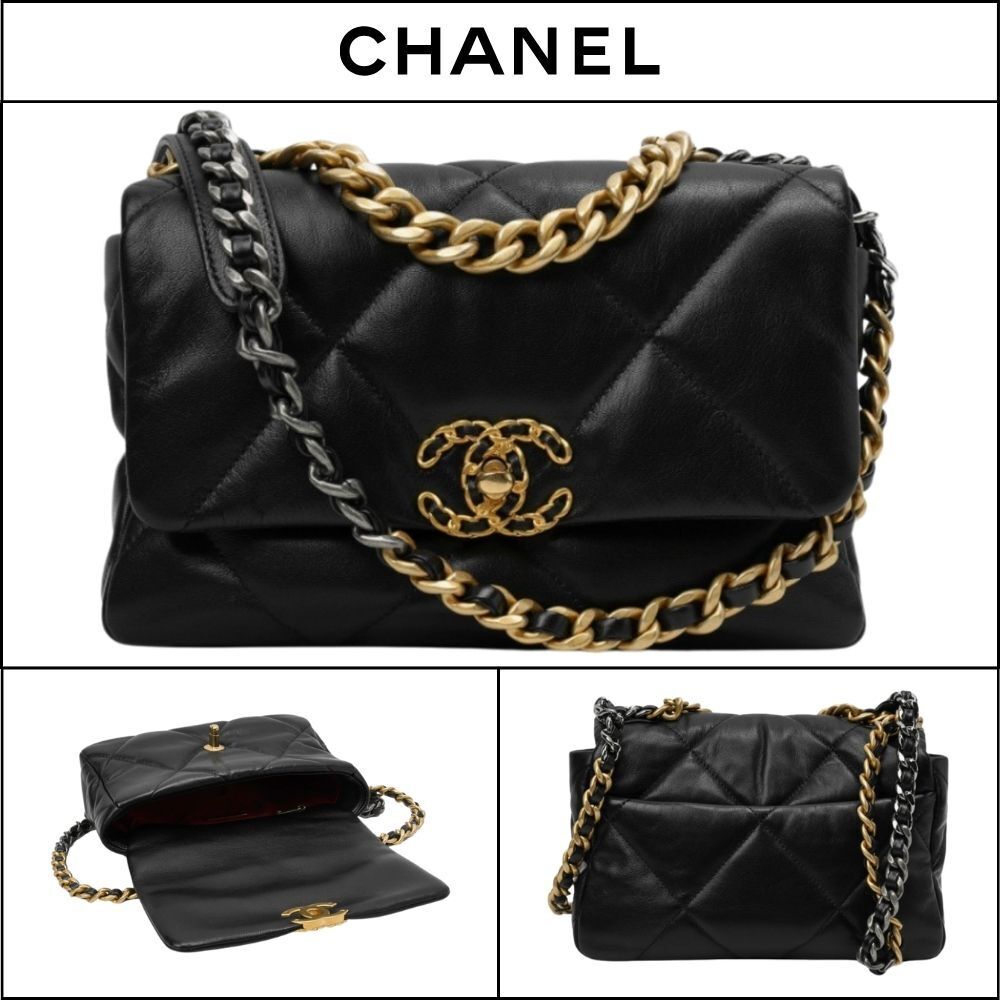 【CHANEL】Medium 19 Handbag Lambskin & Gold Black