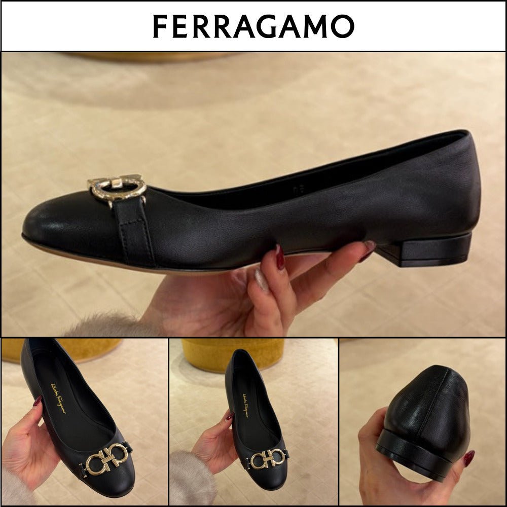 【FERRAGAMO】GARDA 10 NEW GOLD GANCINI LEATHER FLATS BLACK