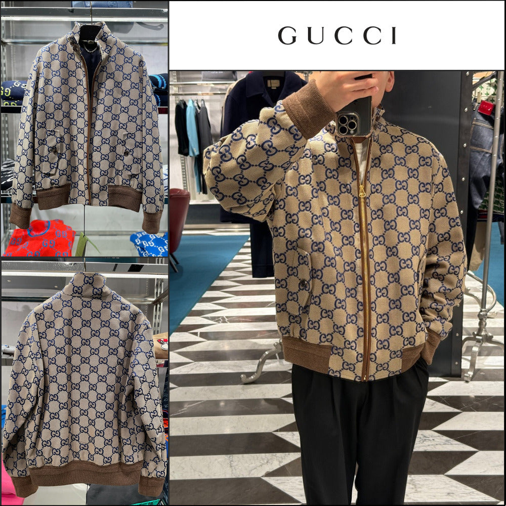 【GUCCI】GG Canvas Cotton Blend Blouson Jacket Beige Blue