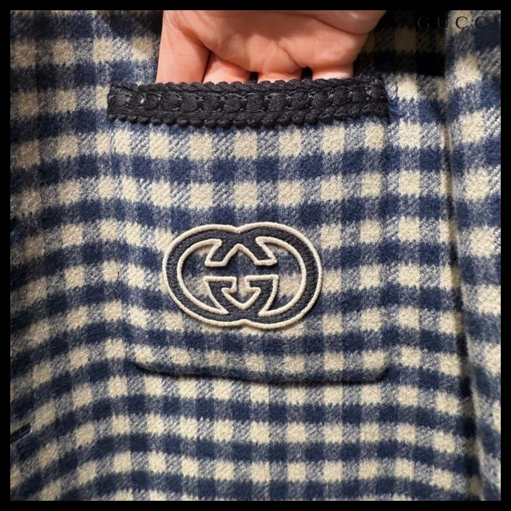 【GUCCI】Interlocking G Patch Gingham Check Wool Jacket