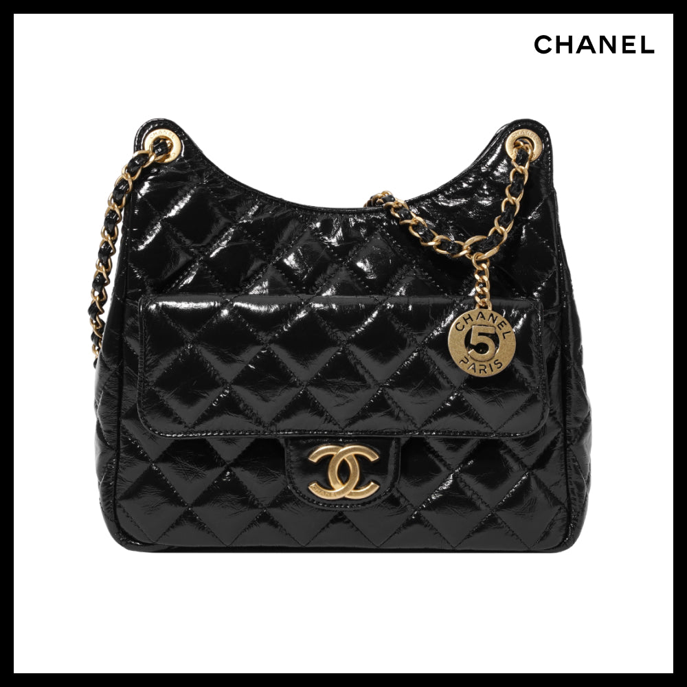 【CHANEL】Hobo Handbag Shiny Crumpled Calfskin & Gold Black