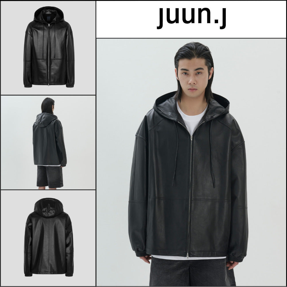 【JUUN.J】Leather Hood Zip-Up Jumper Black