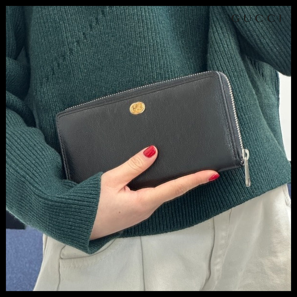 【GUCCI】Interlocking G Calf Leather Zip-Around Long Wallet