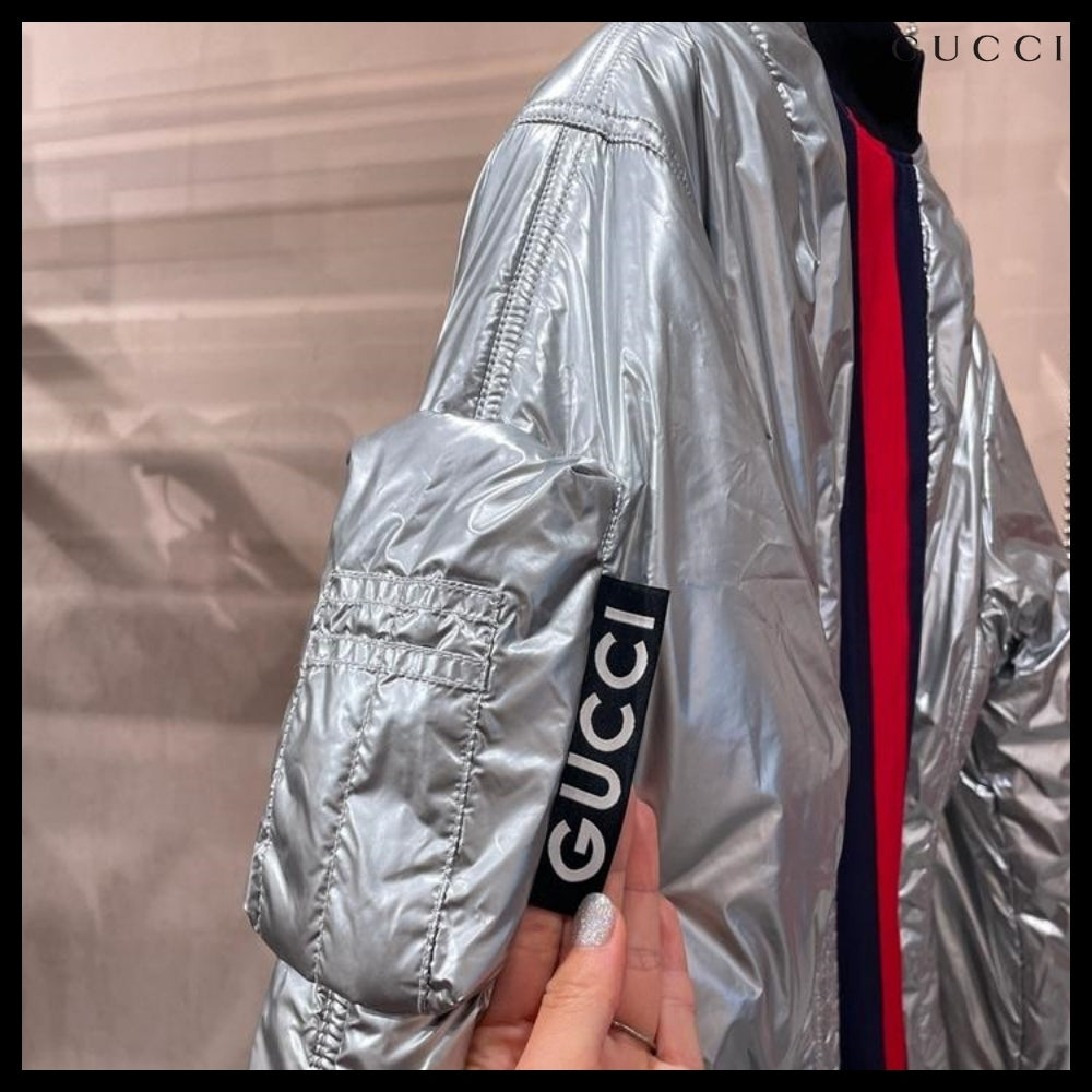 【GUCCI】Web Stripe Metallic Nylon Zip-Up Jacket Silver