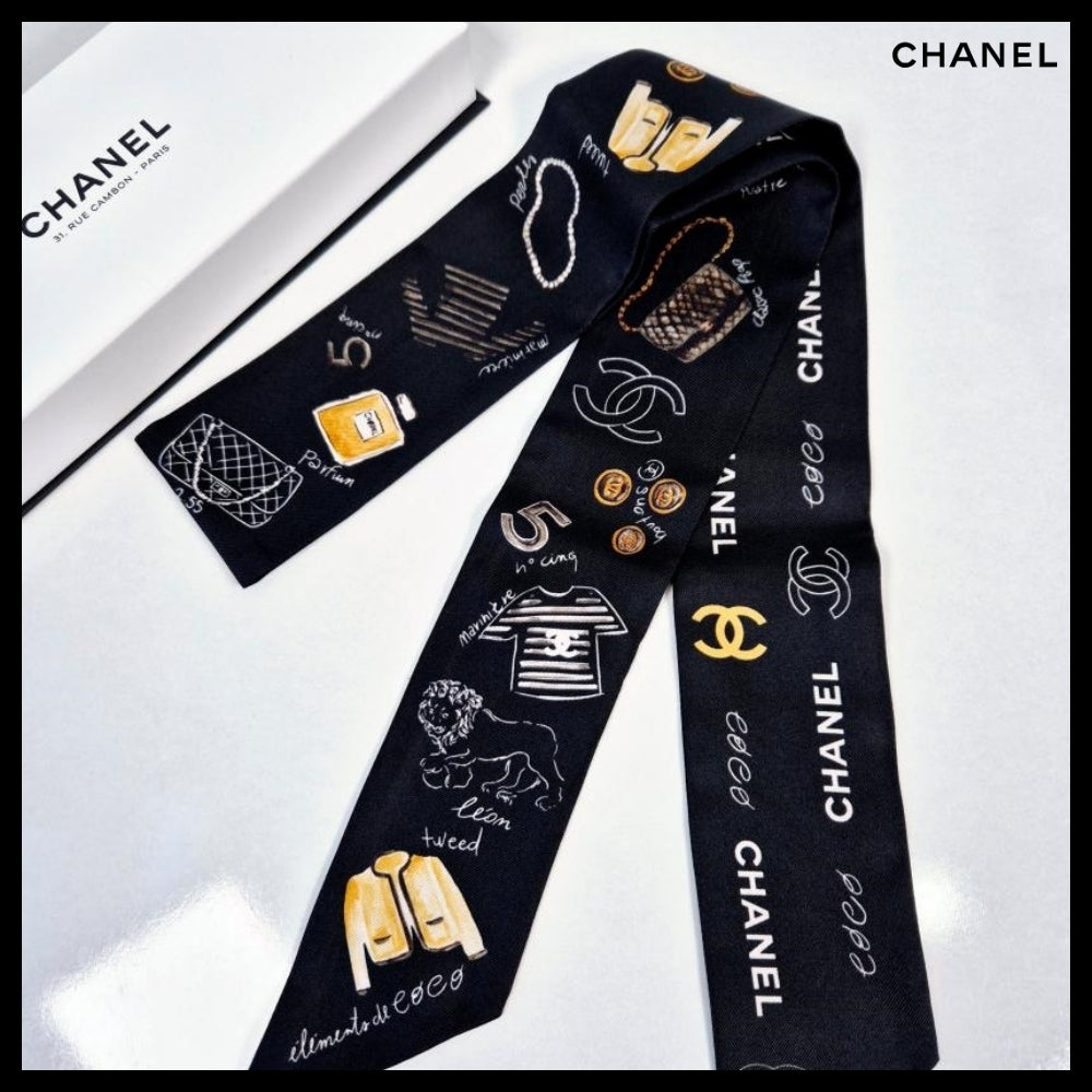 【CHANEL】24P CC Logo Signature Printed Silk Twilly Bandeau