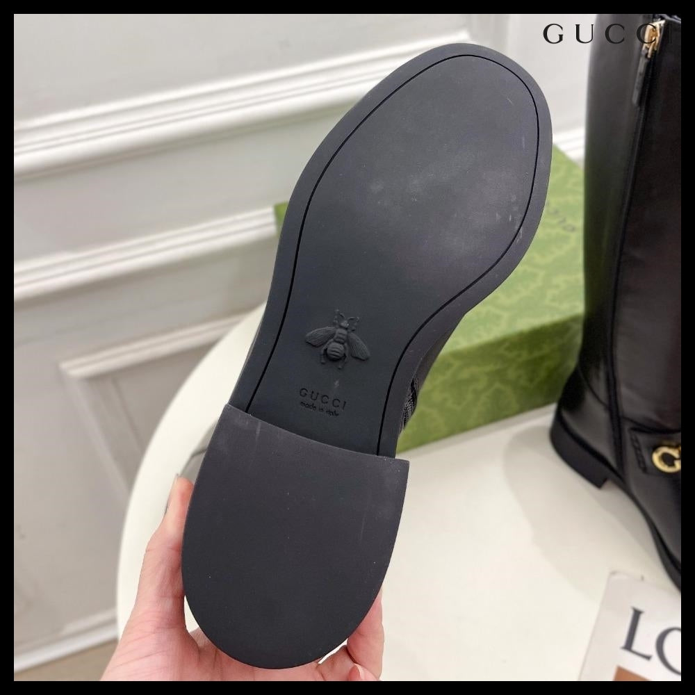 【GUCCI】Metal Logo Leather Zip Women's Long Boots Black
