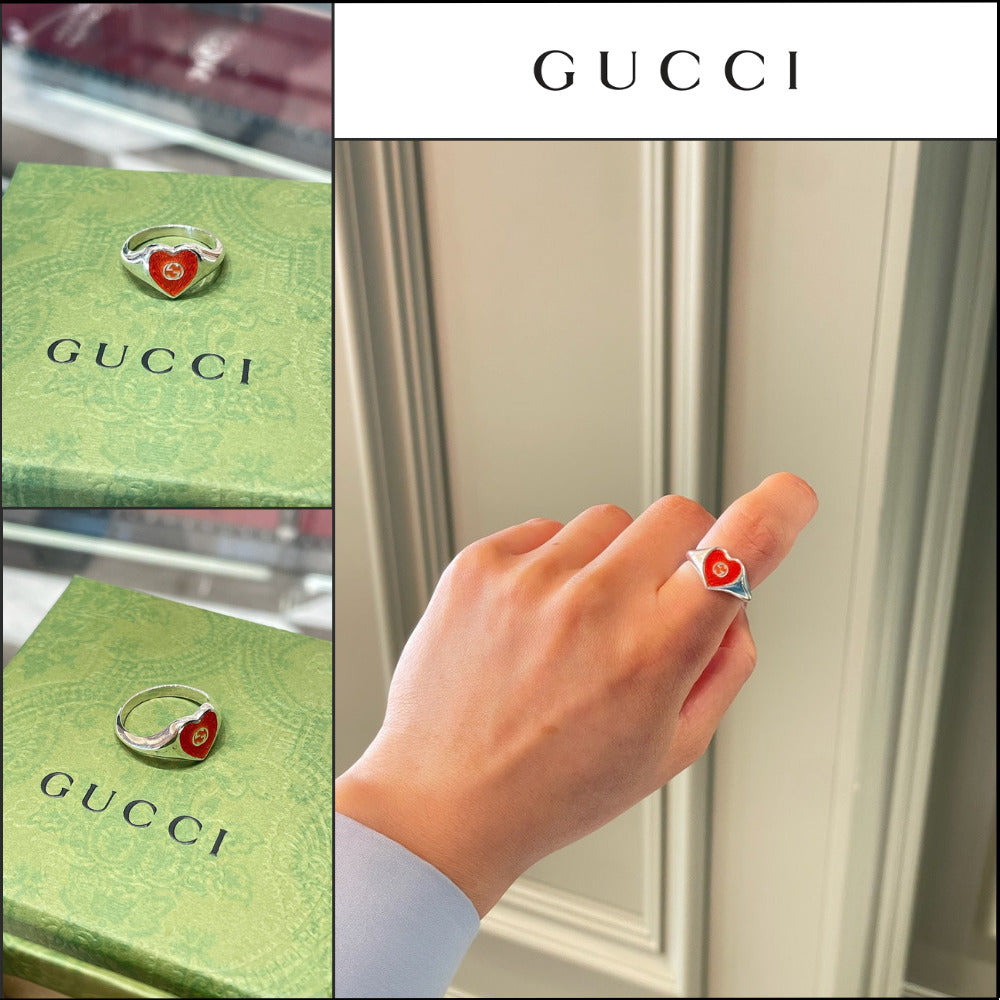 【GUCCI】Interlocking G Enamel Heart Ring Silver Red