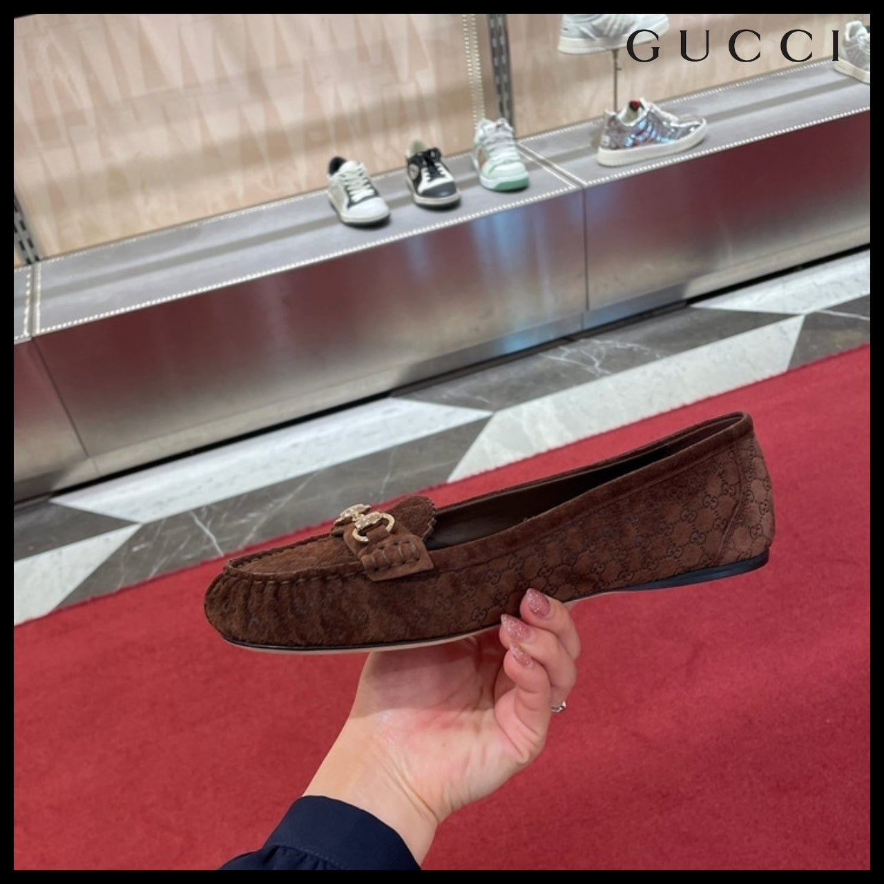 【GUCCI】Kensington GG Horsebit Suede Ballerina Flats Brown