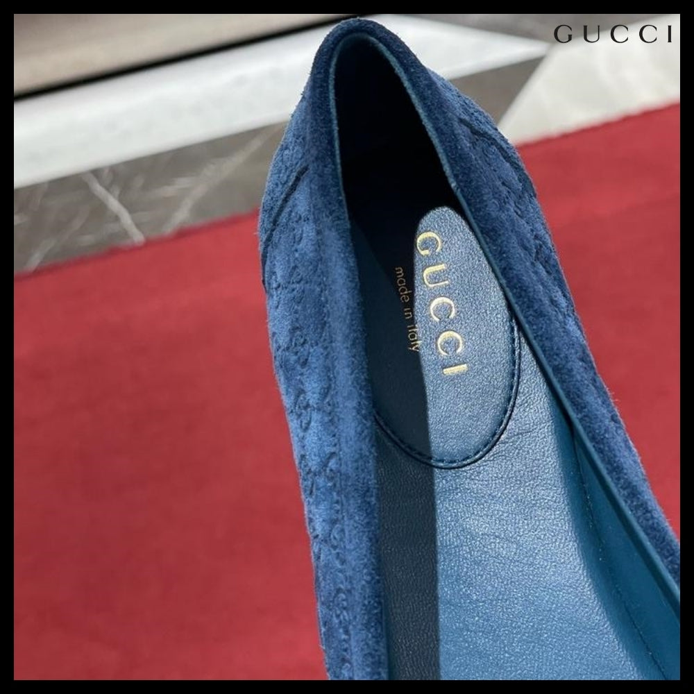 【GUCCI】Kensington GG Horsebit Suede Ballerina Flats Blue