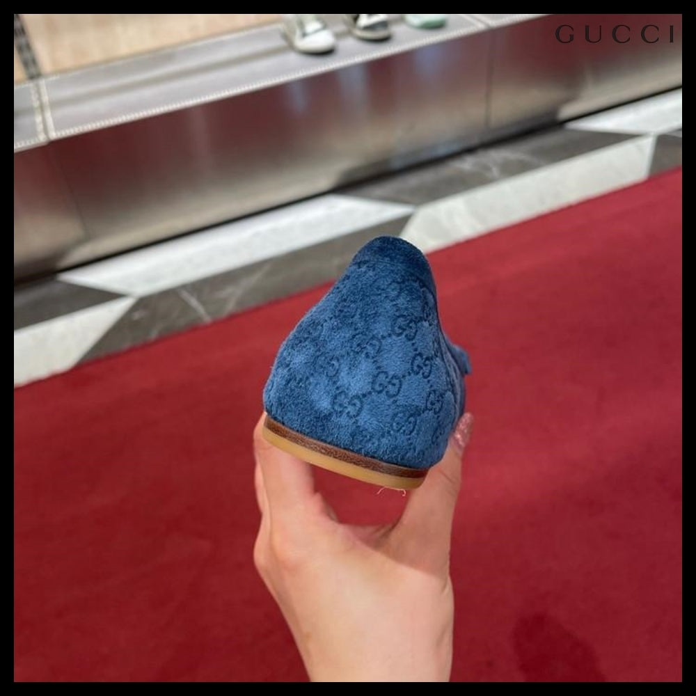 【GUCCI】Kensington GG Horsebit Suede Ballerina Flats Blue