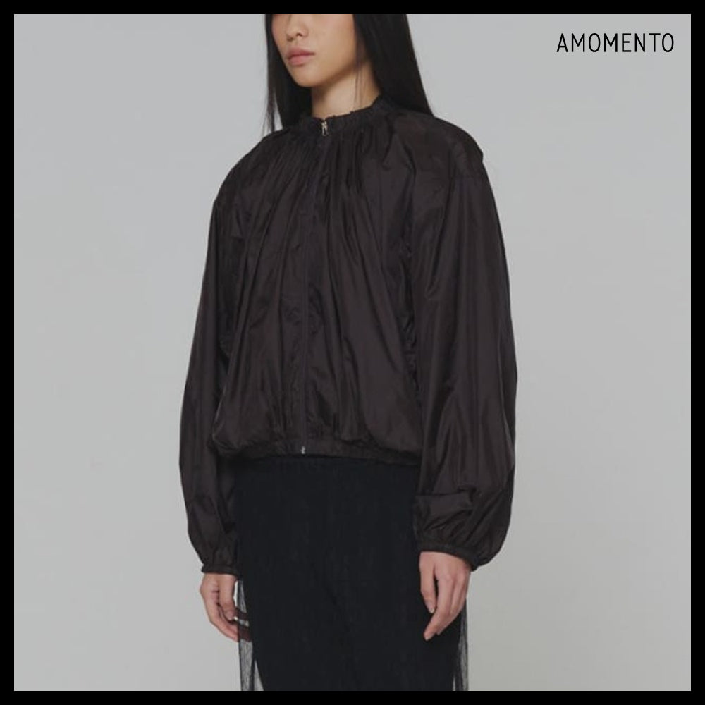 【AMOMENTO】Neck Shirring Volume Jumper Dark Brown