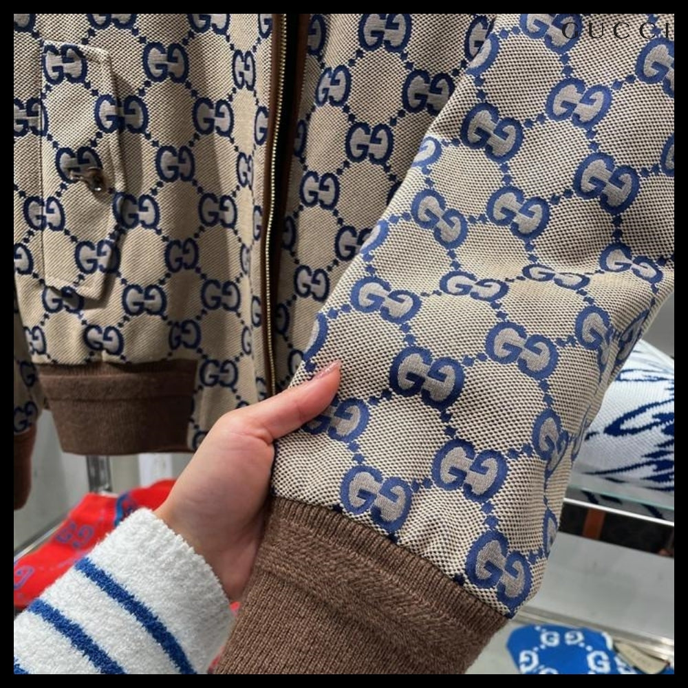 【GUCCI】GG Canvas Cotton Blend Blouson Jacket Beige Blue