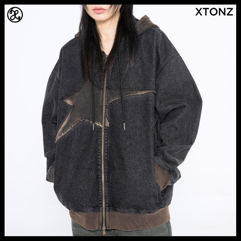 【XTONZ】VINTAGE WASHING STAR DENIM HOODED ZIP-UP 2COLORS