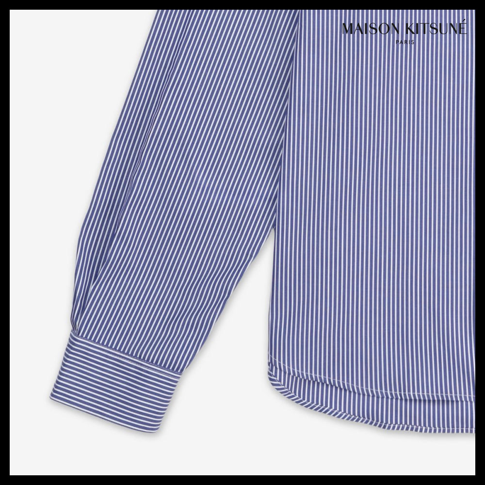 【MAISON KITSUNE】Fox Head Patch Classic Stripe Shirt Navy