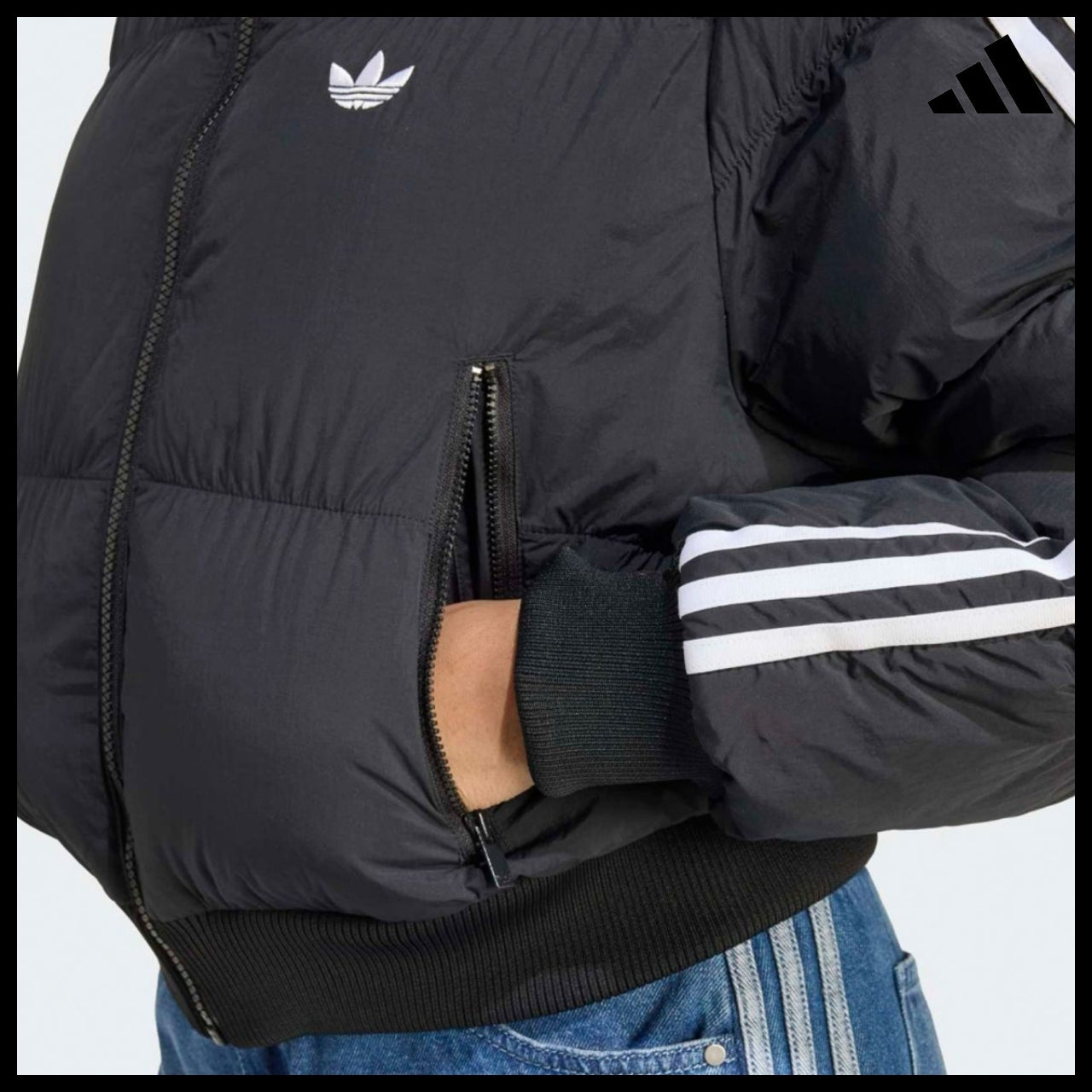 【ADIDAS】Crop Black Synthetic Down Puffer Jacket