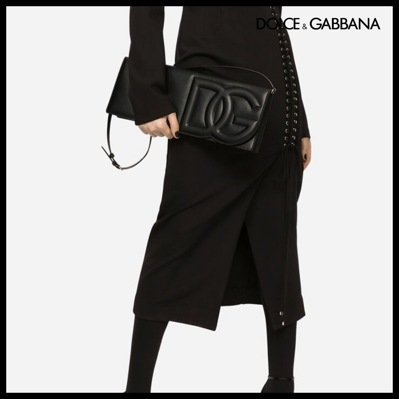 【Dolce & Gabbana】Calfskin Baguette Bag with Logo Black