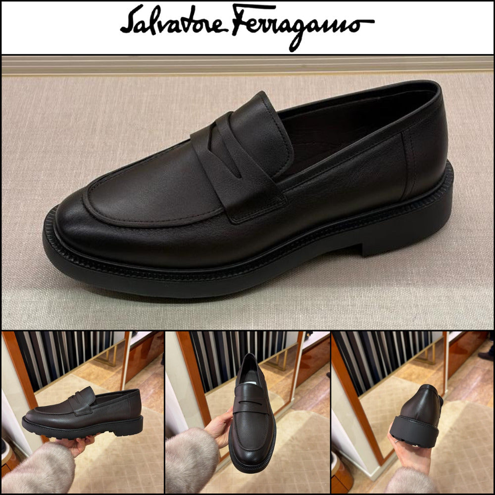 【FERRAGAMO】GROUND LEATHER PENNY LOAFERS DARK BROWN