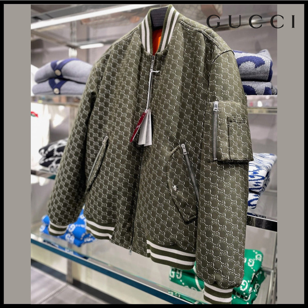 【GUCCI】GG Shadow Jacquard Cotton Bomber Jacket Green White