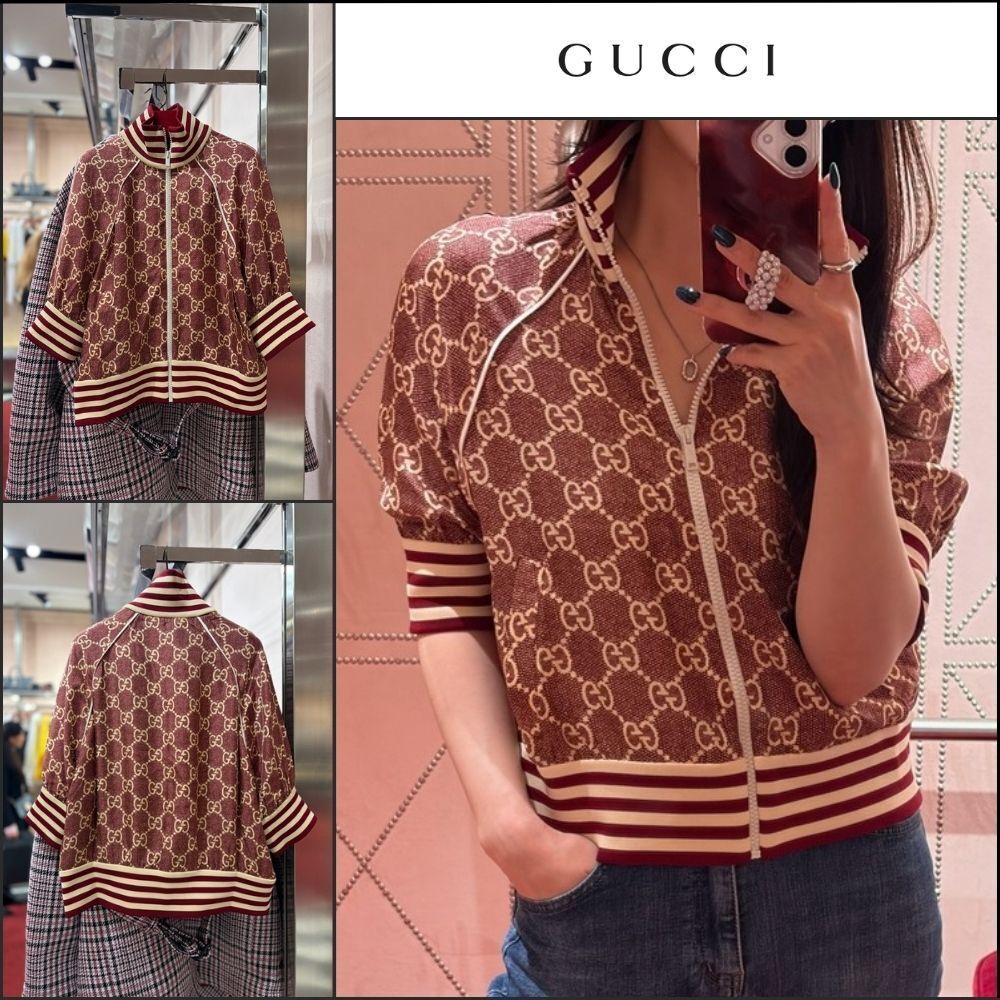 【GUCCI】GG Supreme Print Silk Zip-Up Jacket Sweet Berries