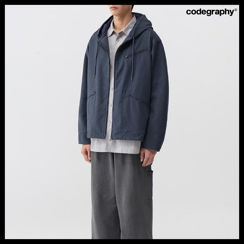 【codegraphy】Vintage Washed Cotton Hood Work Jacket Blue