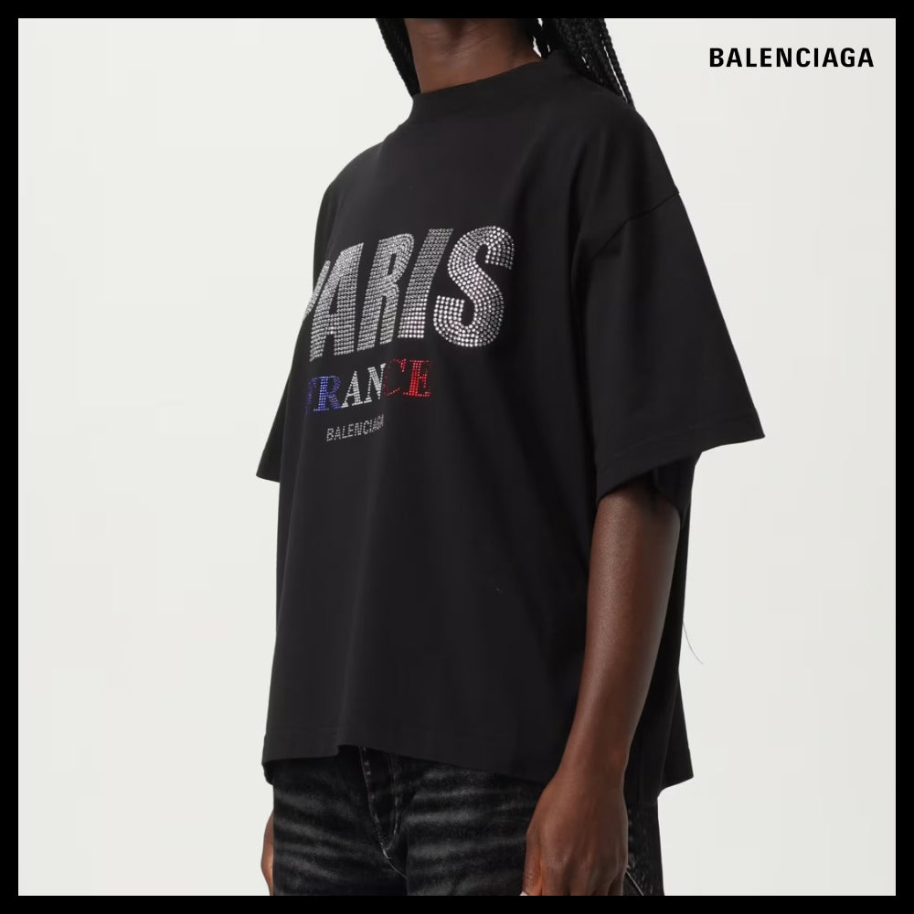 【BALENCIAGA】Paris Strass Cropped T-Shirt Oversized