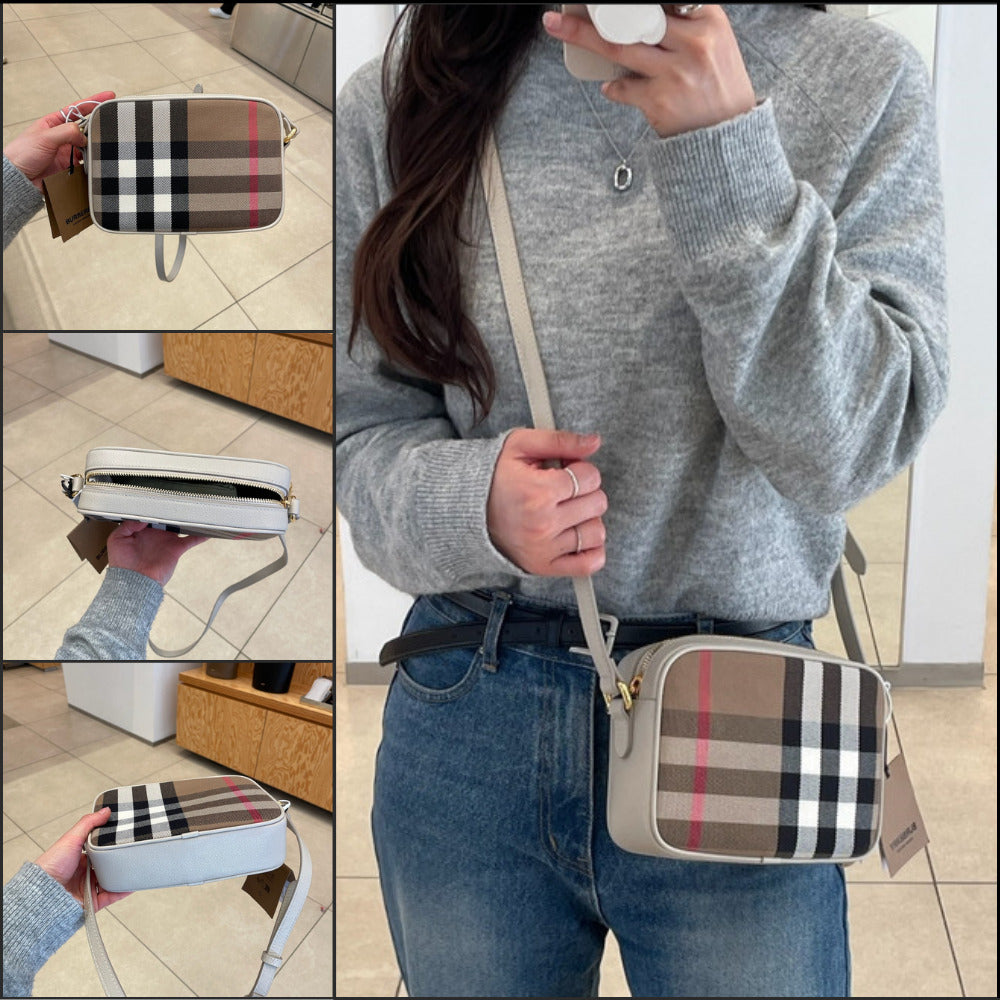 【Burberry】House Check Leather Small Camera Bag Limestone