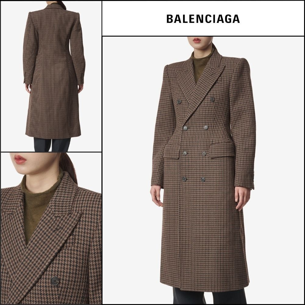 【BALENCIAGA】Hourglass Check Pattern Double-Breasted Coat