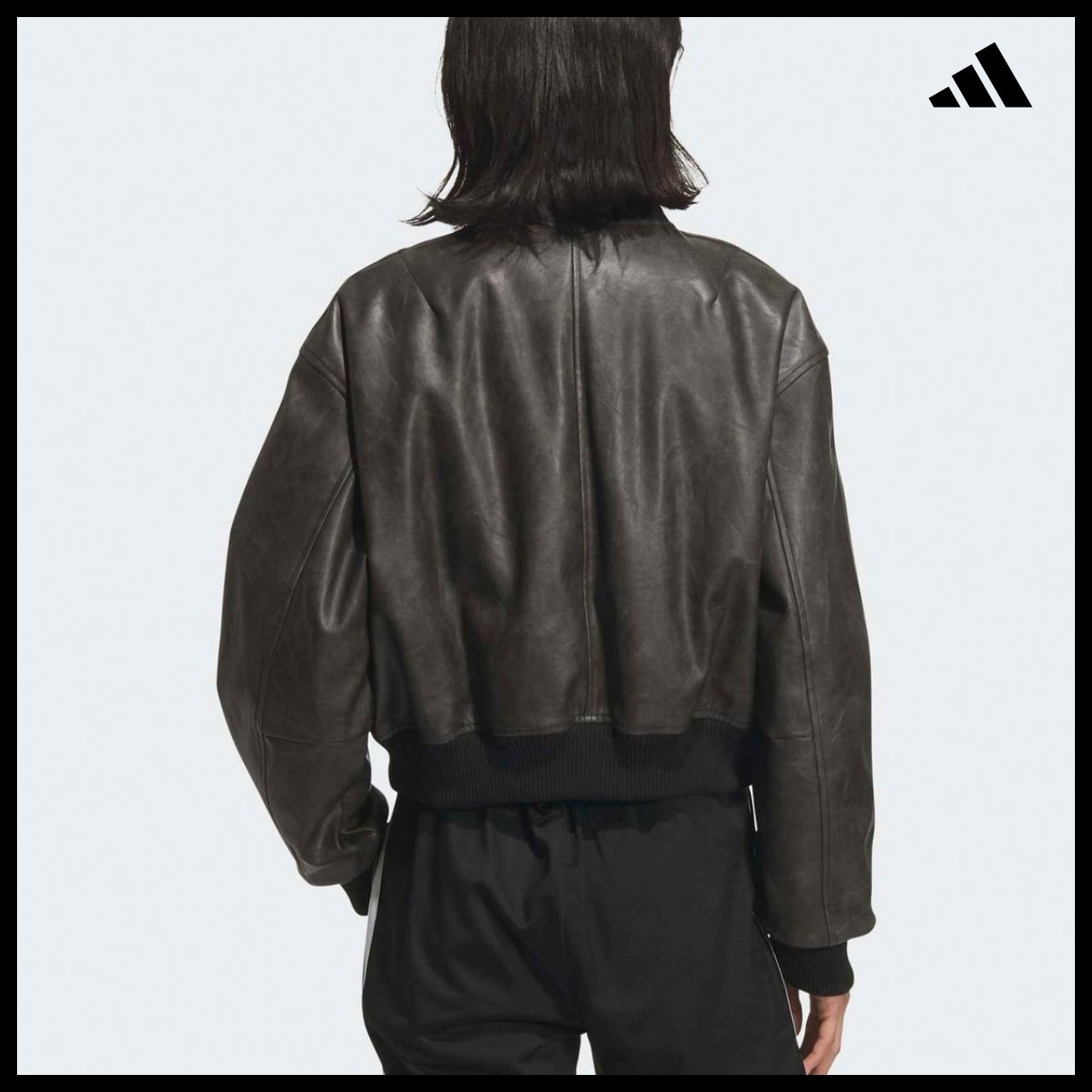 【ADIDAS】Crop Black Leather Jacket Moto Style Jacket
