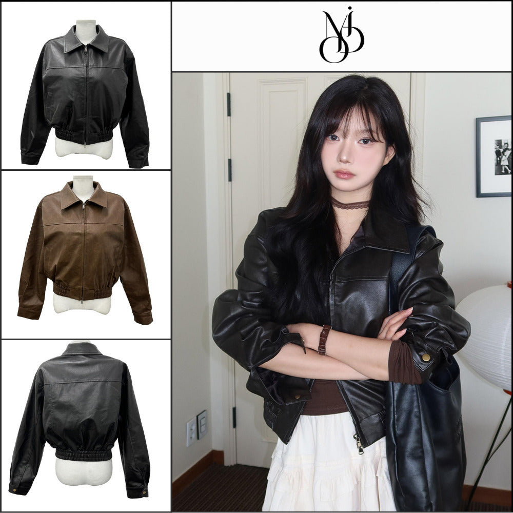 【MODIMOOD】Two-N Two-Way Zip Collar Leather Jacket 2 Colors