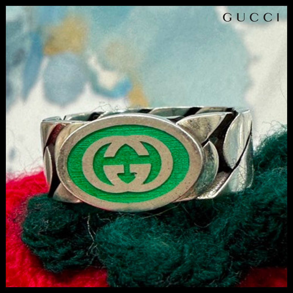 【GUCCI】Interlocking Enamel Chain Ring Green