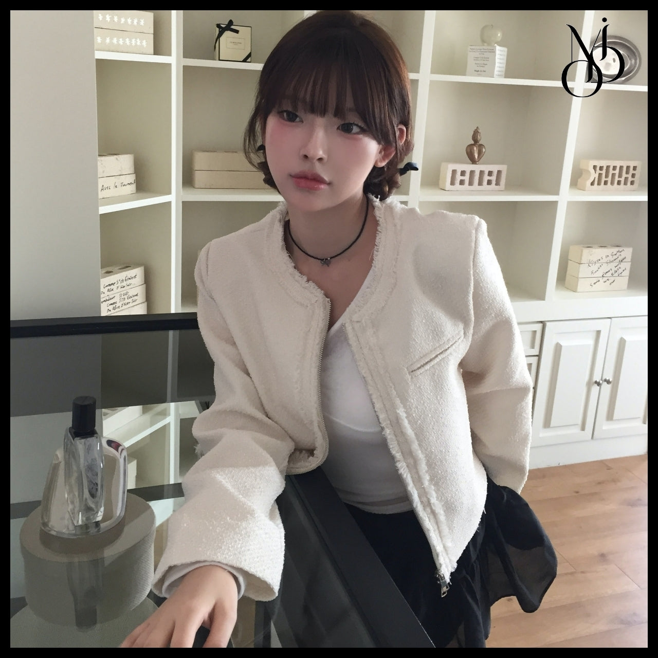 【MODIMOOD】Rudy Round Neck Zip-Up Fringe Tweed Jacket