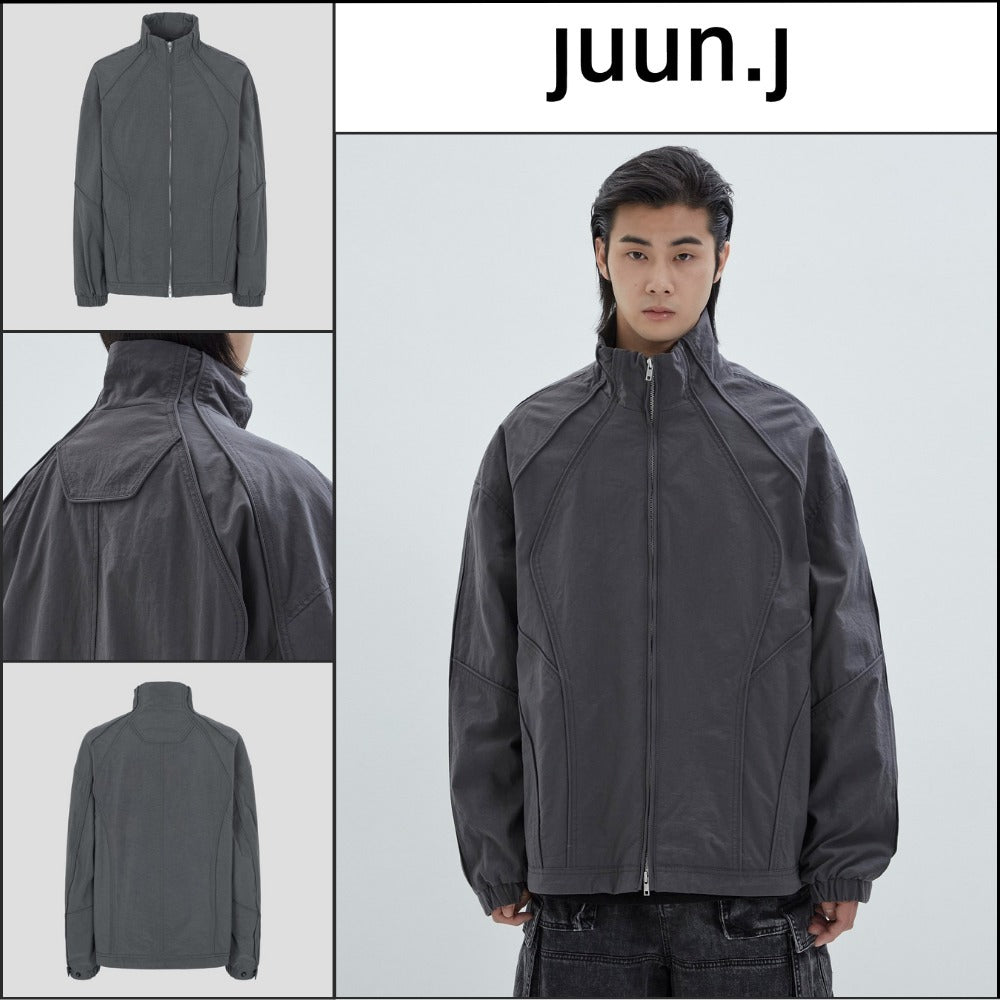 【JUUN.J】Curved Cut Design Stand Collar Jumper Grey