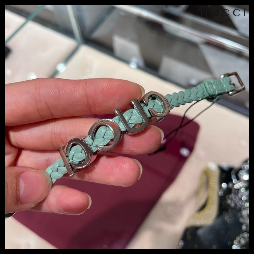 【GUCCI】Silver Metal Logo Leather Buckle Bracelet MintGreen