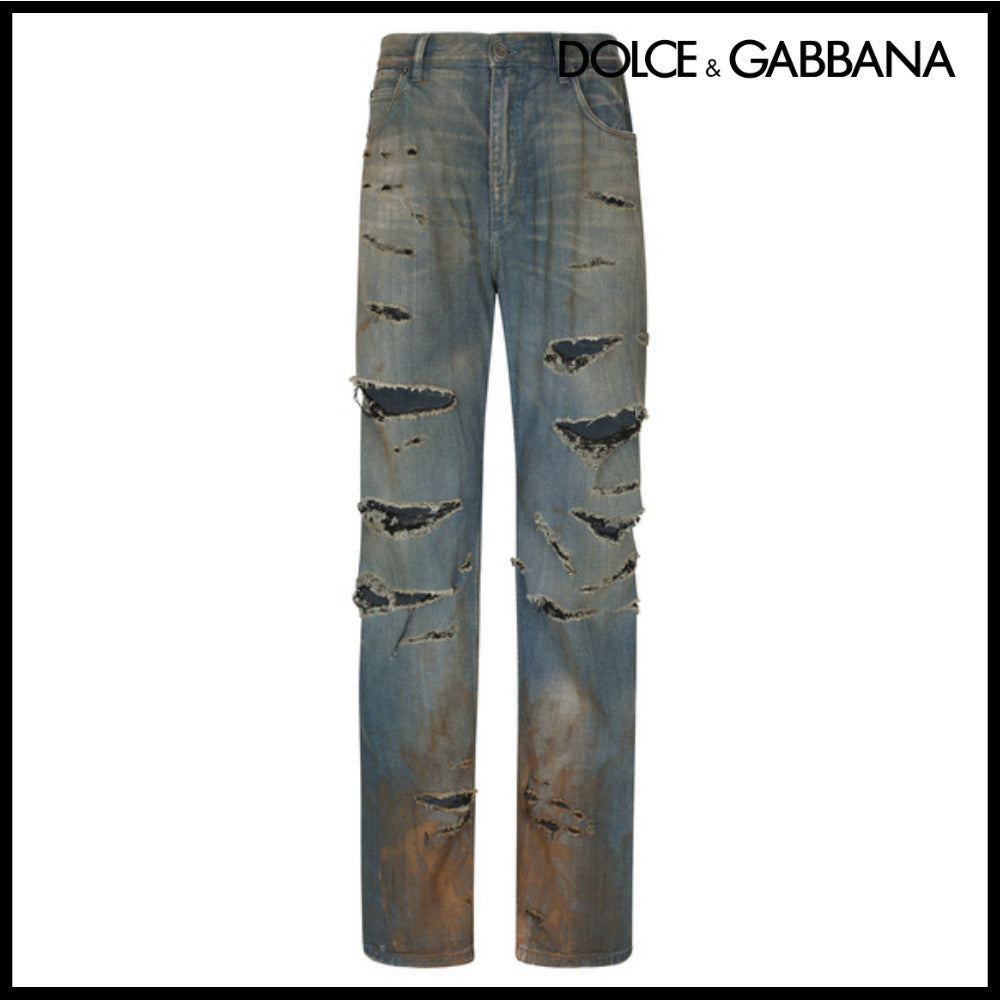 【Dolce & Gabbana】BLUE DENIM STRAIGHT-LEG JEANS WITH RIPS