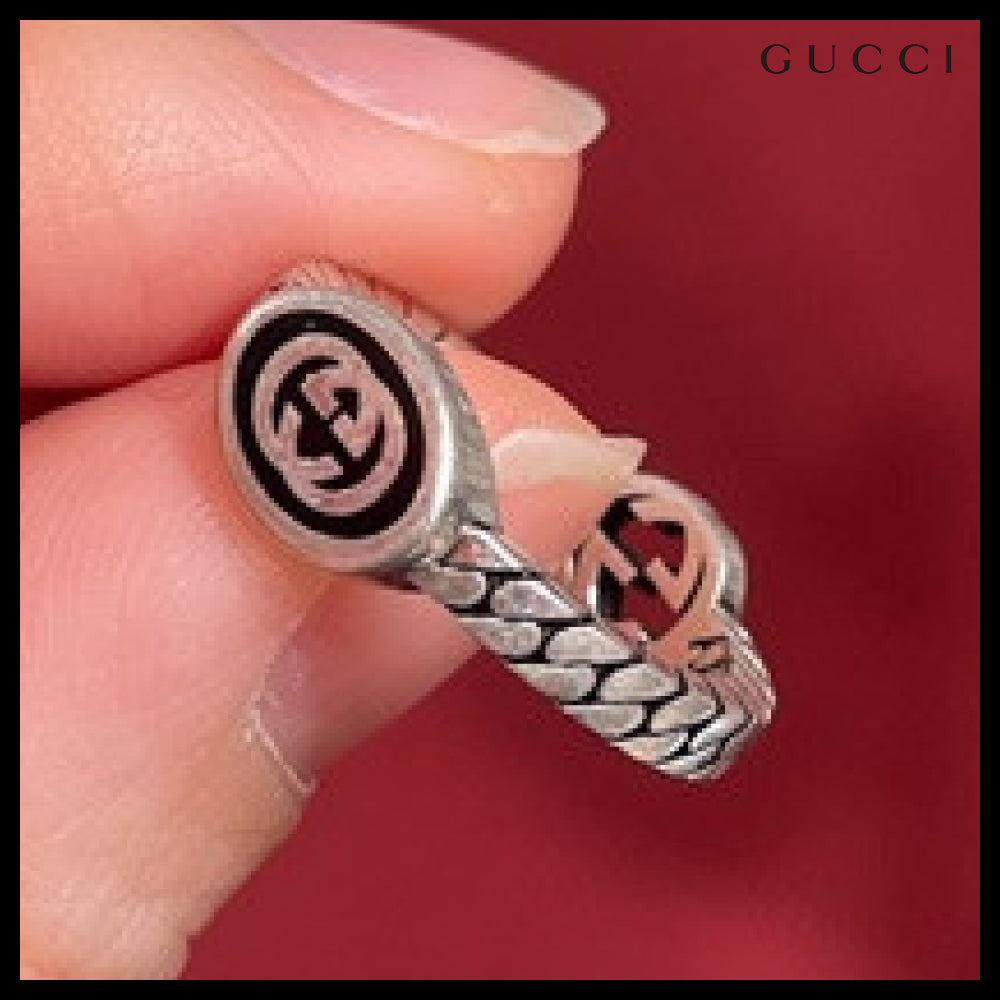 【GUCCI】Interlocking G Enamel Chain Ring Black