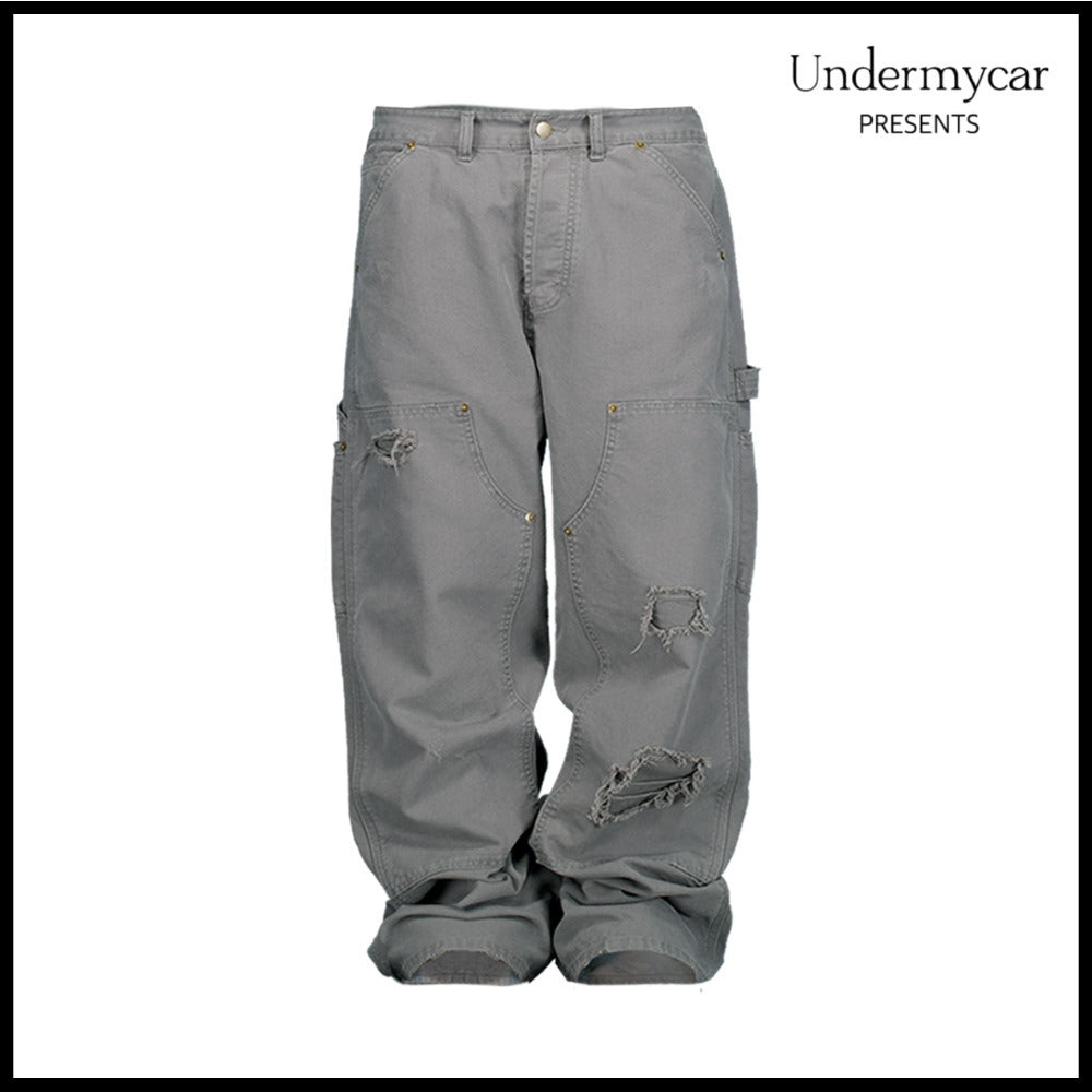 【Undermycar】Army Canvas Carpenter Pants Khaki Gray