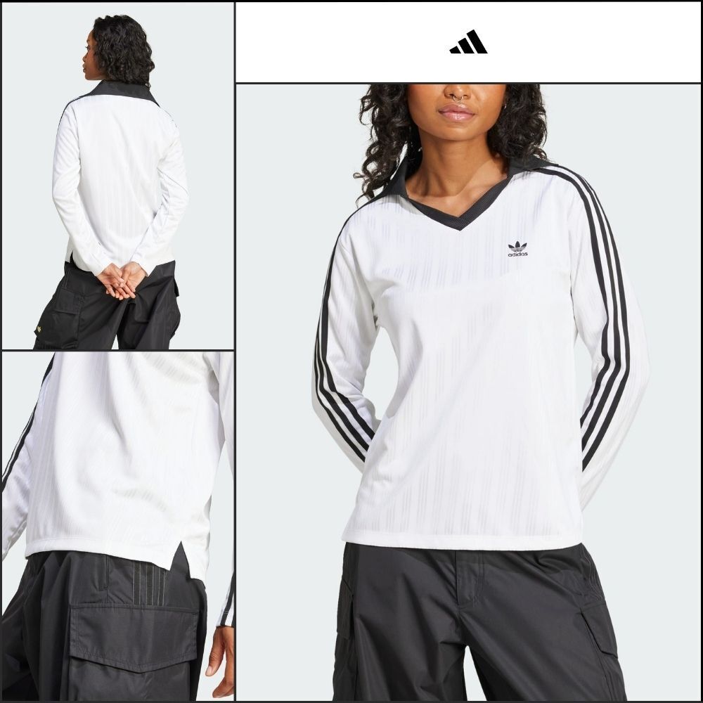 【ADIDAS】Football Jacquard V-Neck Long Sleeve Polo White