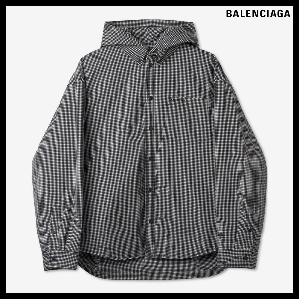 【BALENCIAGA】Men's Logo Check Hooded Shirt Multicolor