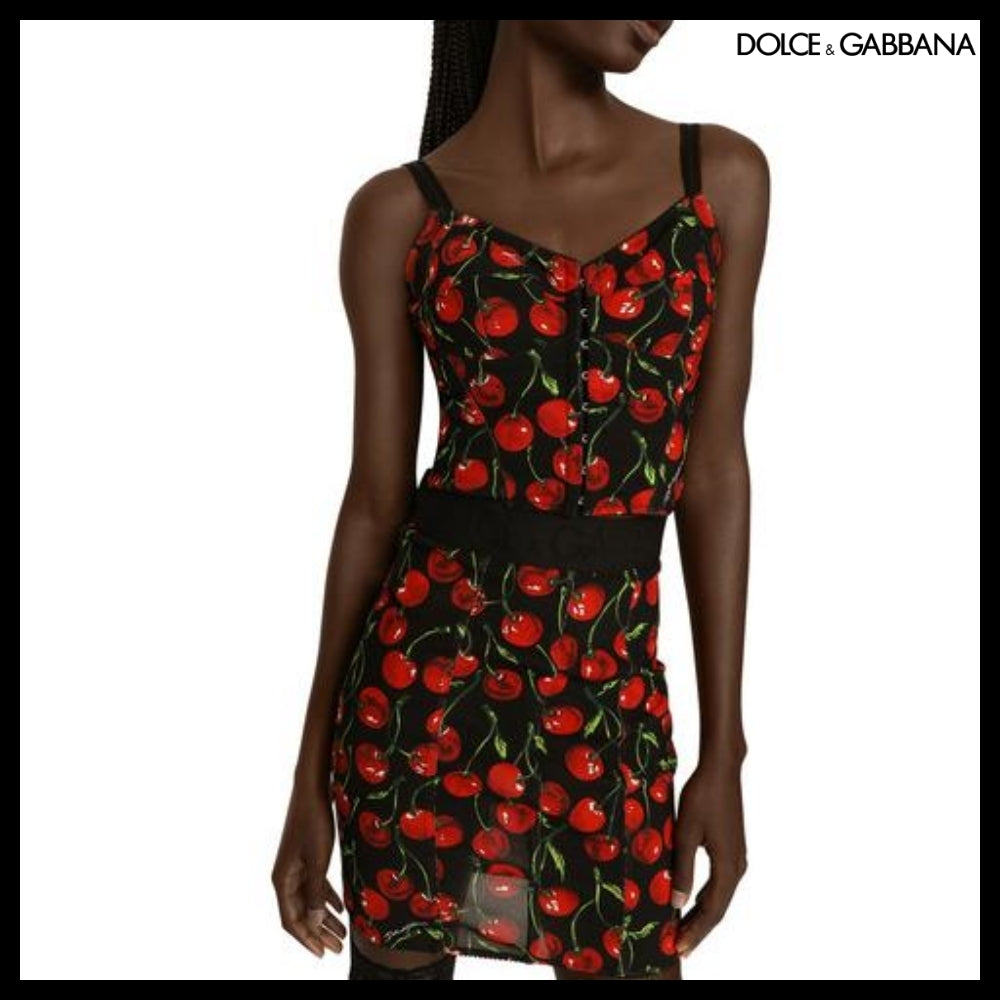【Dolce&Gabbana】CHERRY PRINT ELASTICATED CORSET TOP