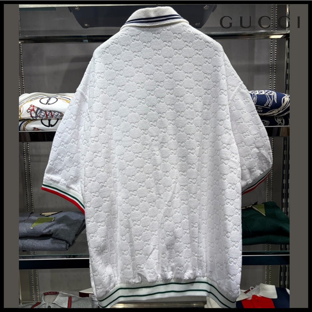 【GUCCI】GG Web Stripe Cotton Terry Short-Sleeve Zip-Up