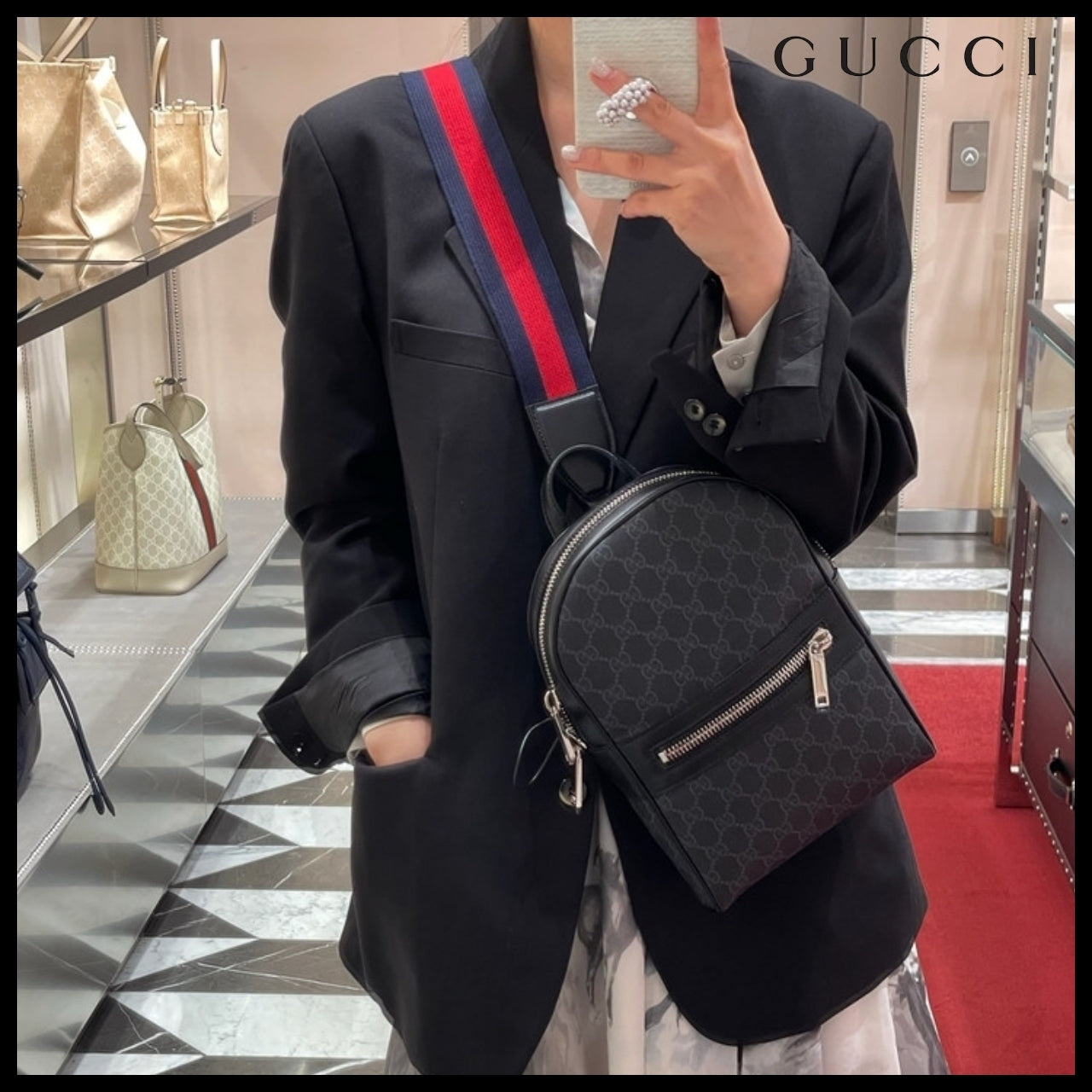 【GUCCI】GG Supreme Canvas Web Strap Backpack Crossbody Bag